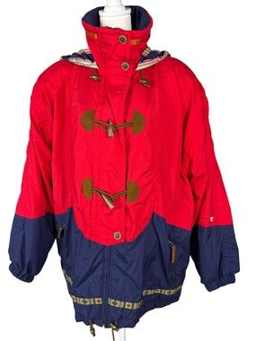 VTG 80s Obermeyer Womens Hooded ski Jacket Size 14 Red & Blue Full Zip Buttons